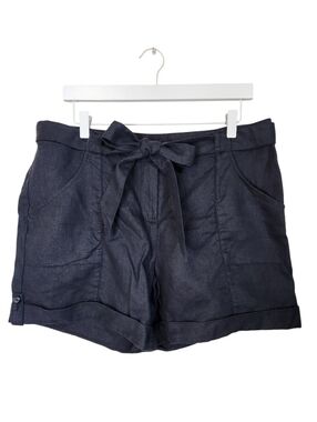 Garnet Hill 100% Linen Tie Waist Shorts Womens 12 Dark Blue